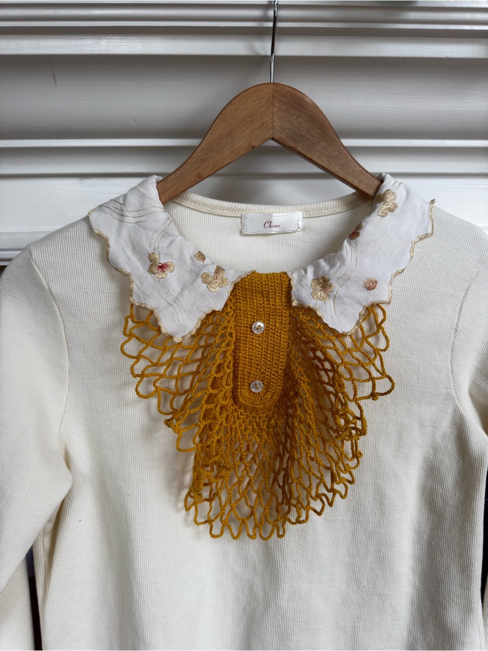 Cream and Mustard Peterpan and Crochet Collar Ribbed Long Sleeve Top Small - Picture 2 of 4